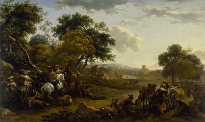 Landschap met een Jachtpartij door Nicolaes Pietersz. Berchem